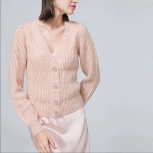 White House Black Market embellished balloon sleeve v neck cardigan.